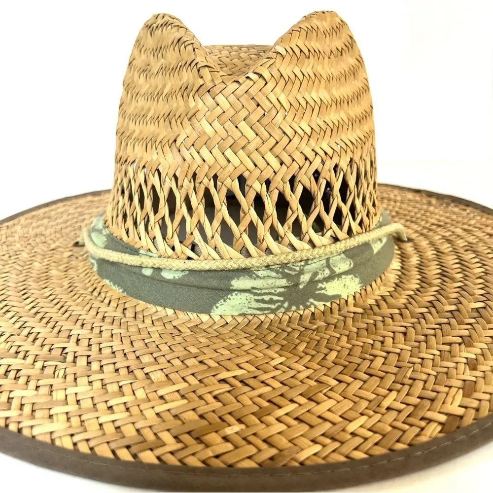 Dorfman Pacific Wide Brim Natural Straw Sun Hat with Green Band Chin Strap XL